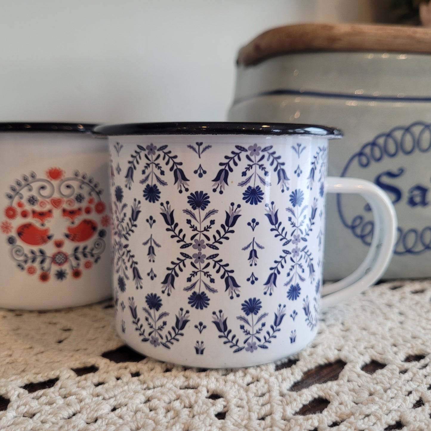 Scandinavian Folk Art Enameled Mug- Blue Floral