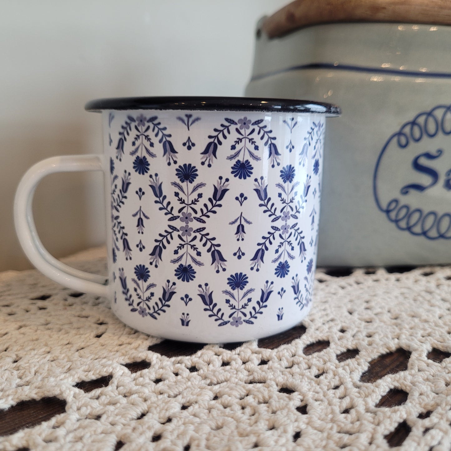 Scandinavian Folk Art Enameled Mug- Blue Floral