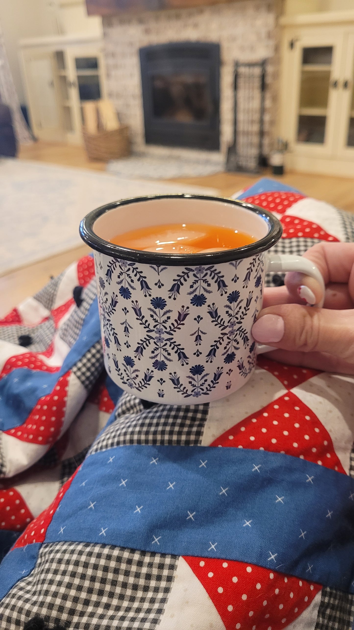 Scandinavian Folk Art Enameled Mug- Blue Floral