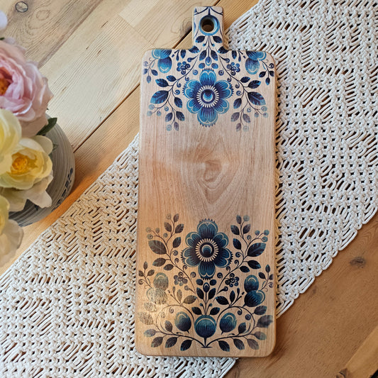 Cutting Board- Cherry- 21 x 8- Scandinavian Folk Art- Blue Floral