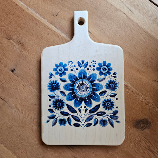 Cutting Board- Maple- 13.5 x 8- Scandinavian Folk Art- Blue Floral