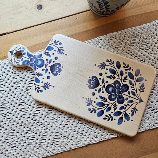 Cutting Board- Maple- 19.5 x 9.5- Scandinavian Folk Art- Blue Floral