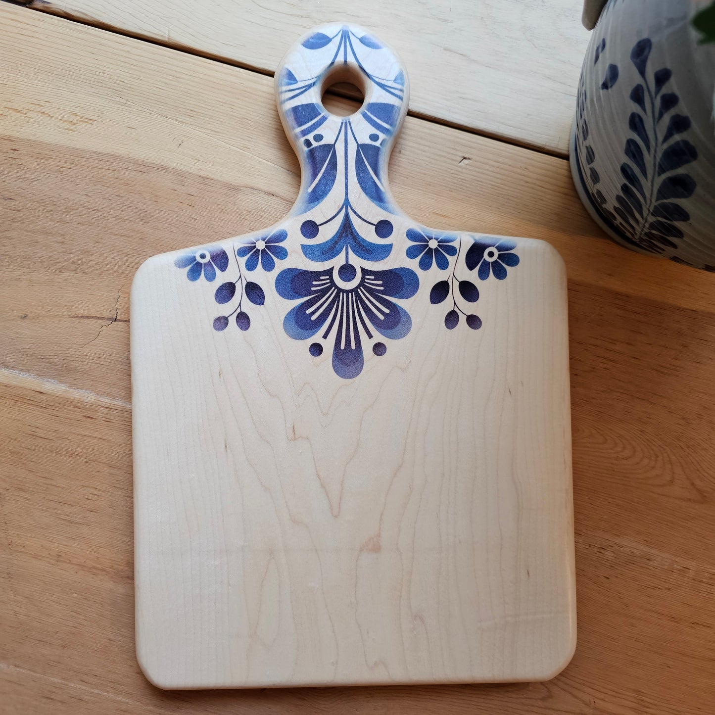 Cutting Board- Maple- 14.5 x 9.5- Scandinavian Folk Art- Blue Floral