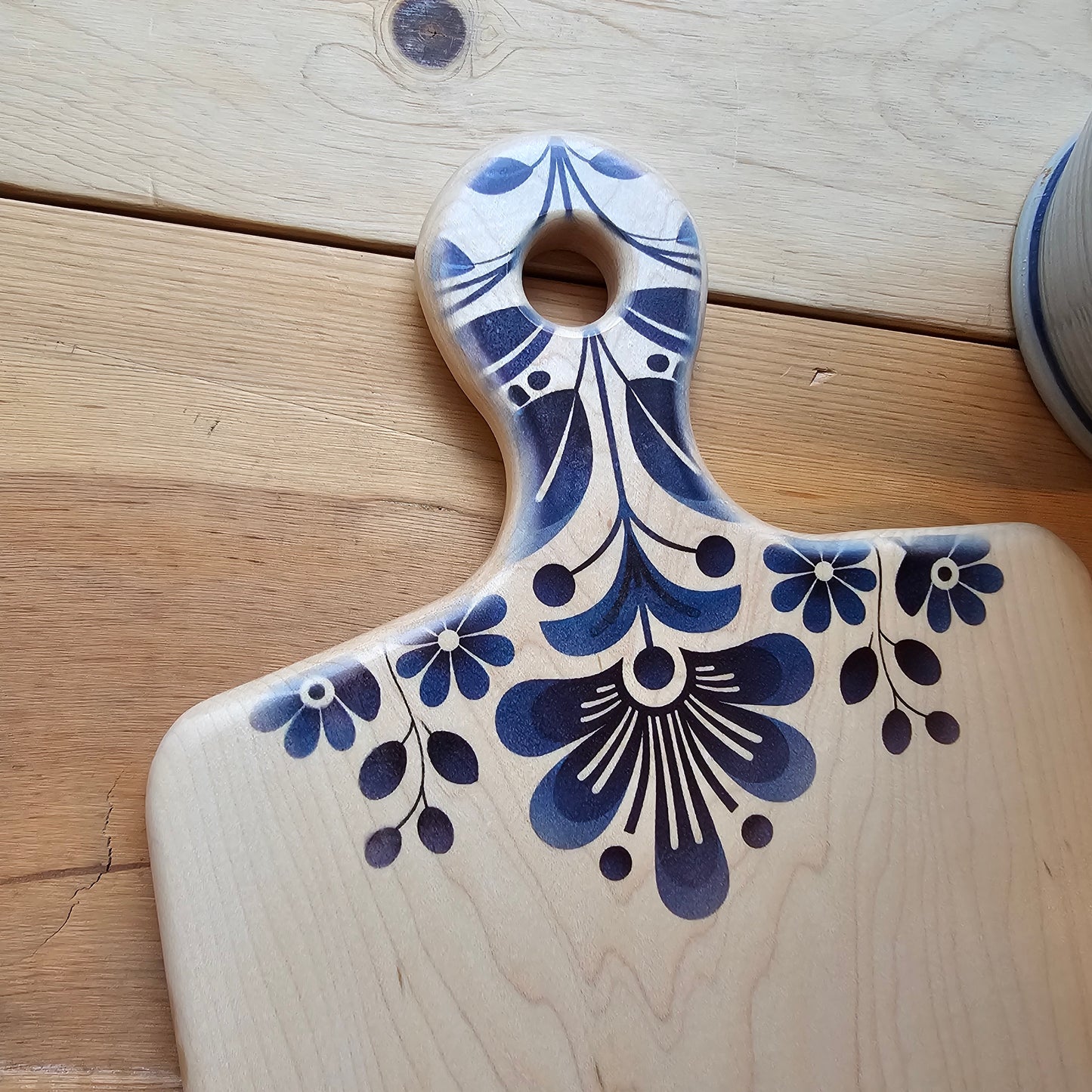 Cutting Board- Maple- 14.5 x 9.5- Scandinavian Folk Art- Blue Floral