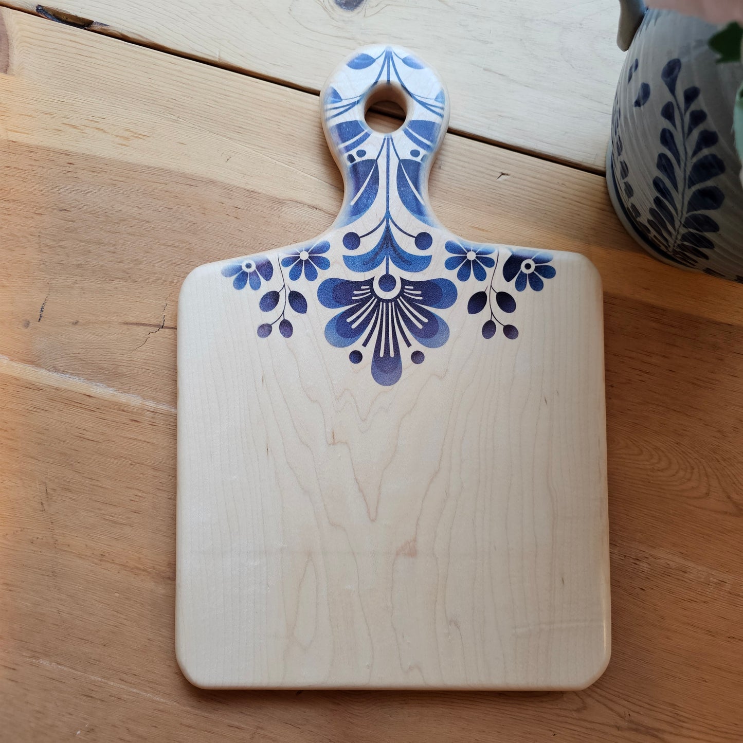 Cutting Board- Maple- 14.5 x 9.5- Scandinavian Folk Art- Blue Floral