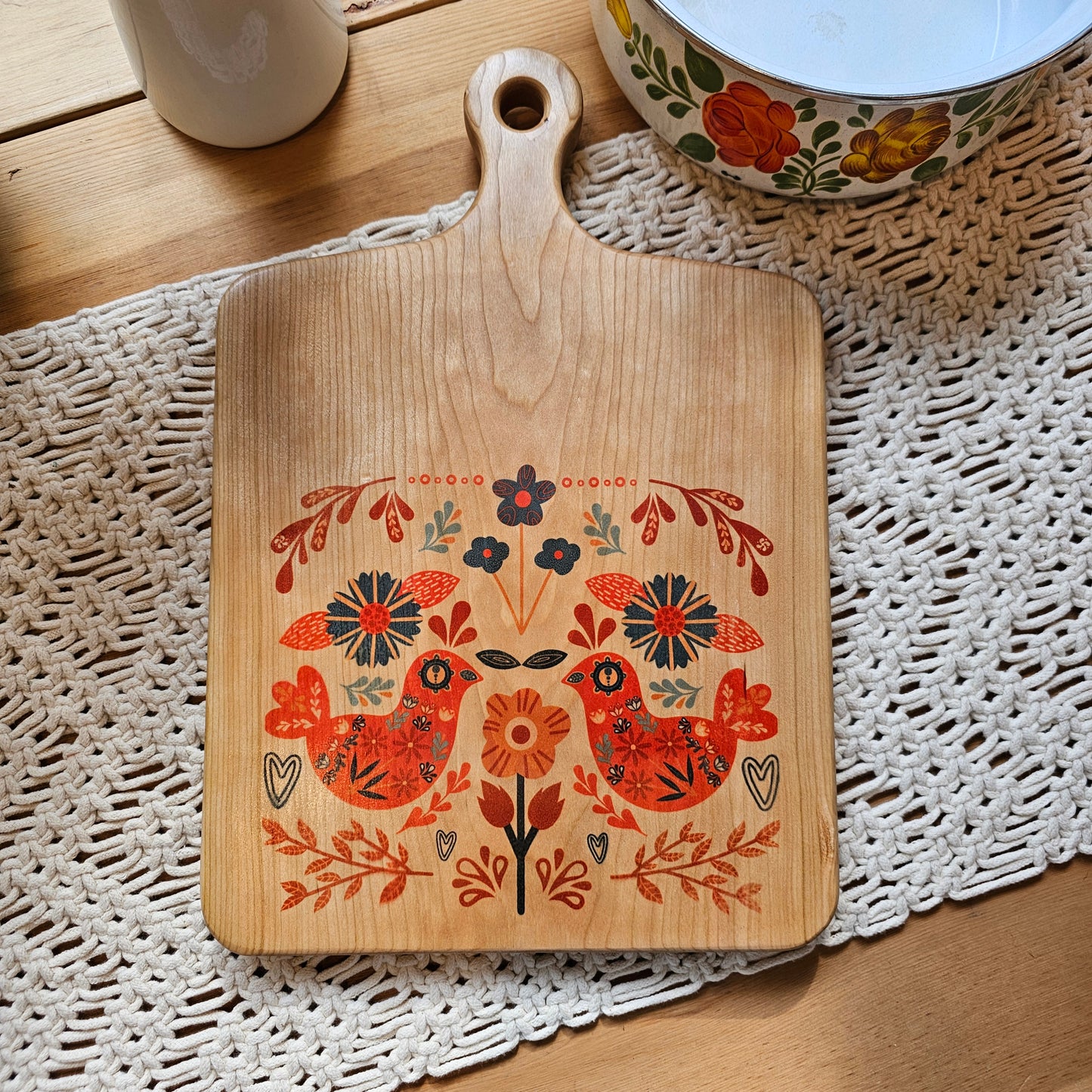 Cutting Board- Cherry- 15 x 10- Scandinavian Folk Art- Birds