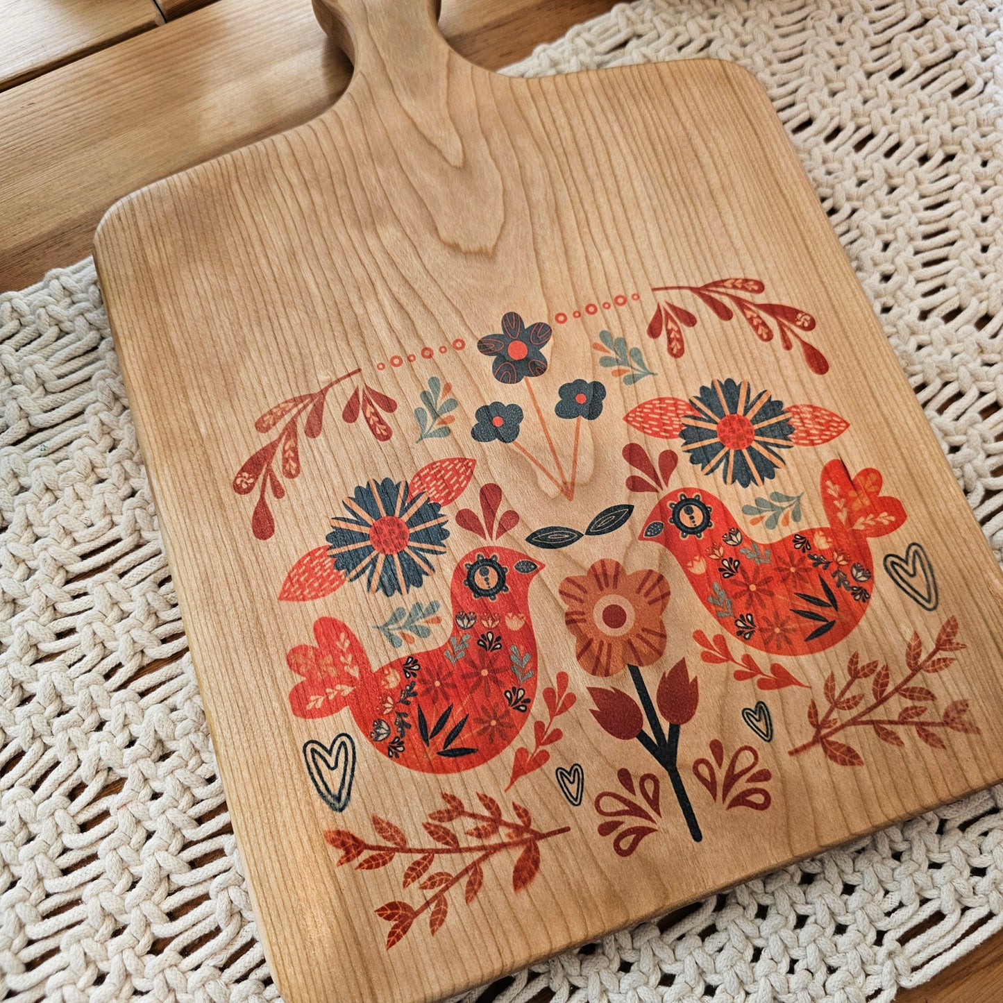 Cutting Board- Cherry- 15 x 10- Scandinavian Folk Art- Birds