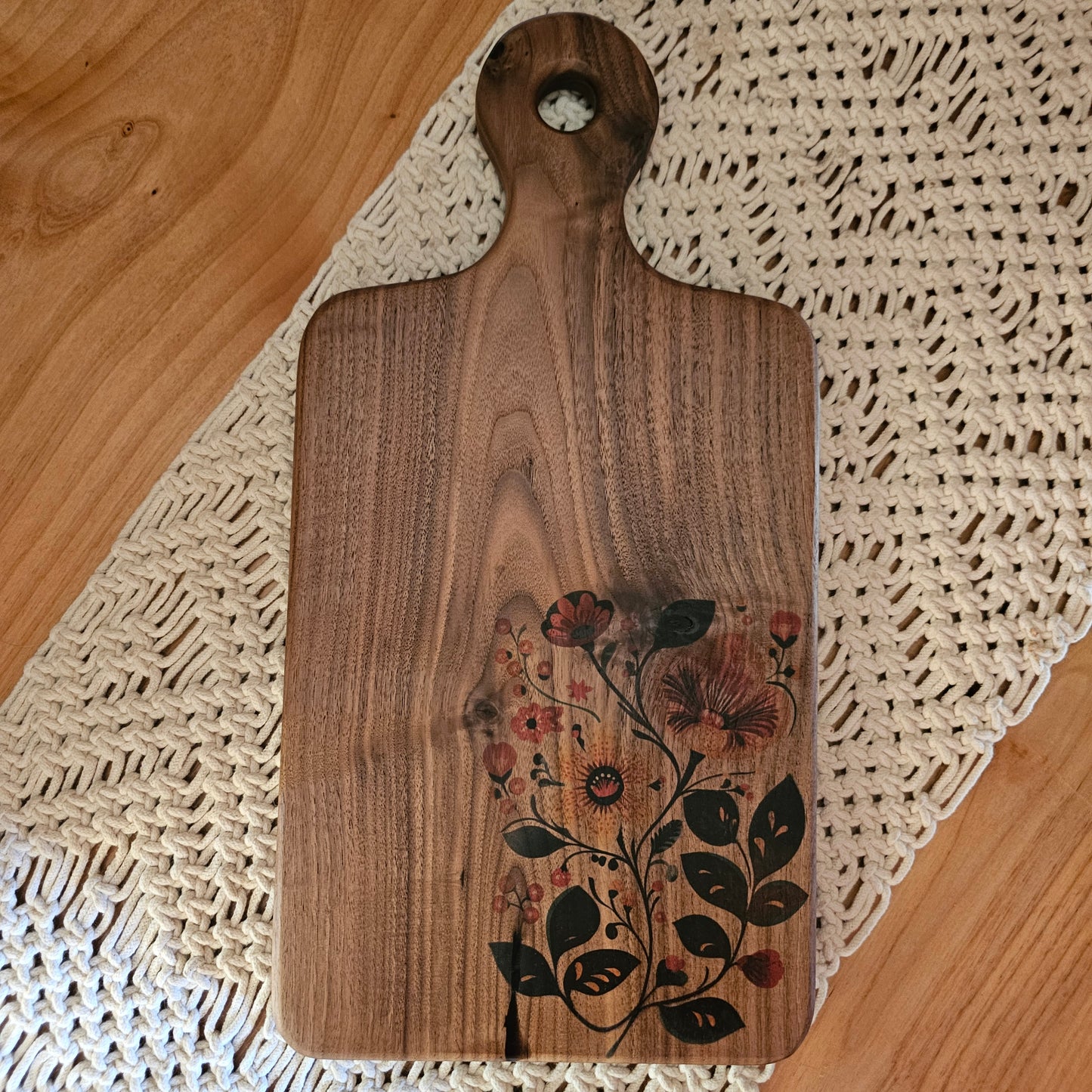 Folk Art Charcuterie Board- Black Walnut 17"x8.5"