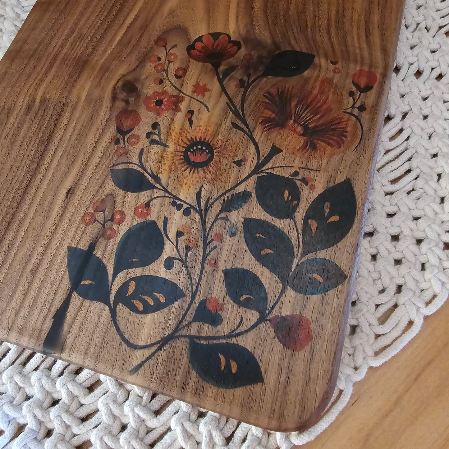 Folk Art Charcuterie Board- Black Walnut 17"x8.5"
