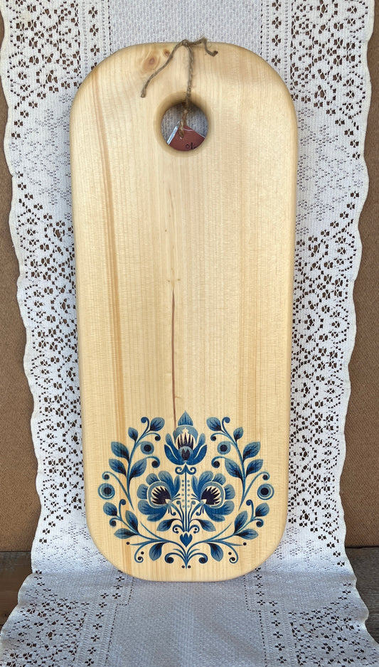 Cutting Board - Pine - 20 X 8 - Scandinavian Folk Art - Blue Flowers